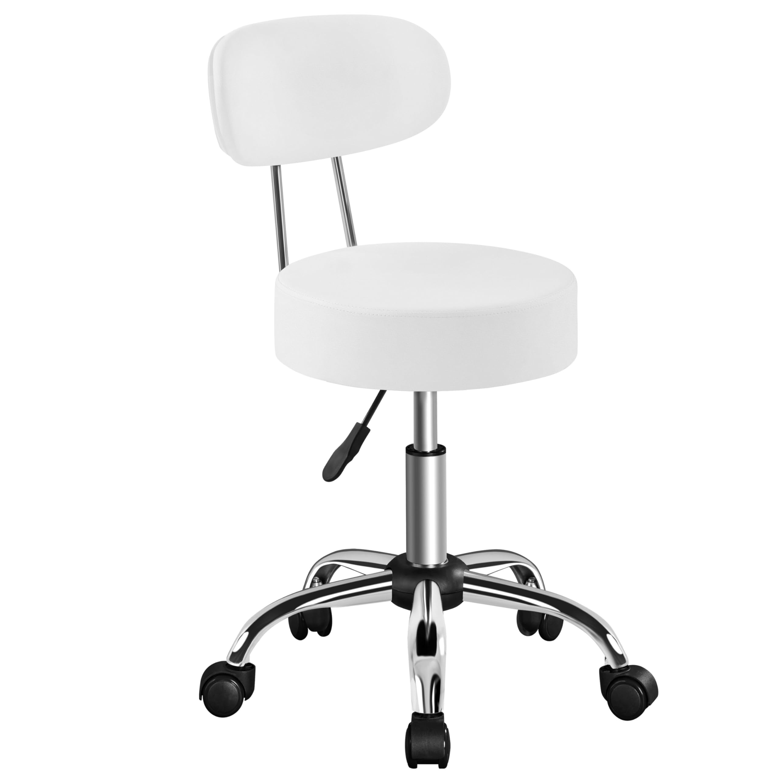 Yaheetech Adjustable Stool on Wheels with 10cm Cushion, Rolling Stool with Back Support, Office Computer Swivel Chair, PU Leather Easy-Clean Surface for Home Office/Salon Silent, White