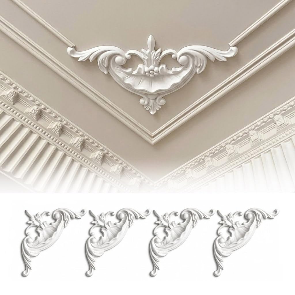 Moulures Murales d'angle en PU pour Plafond et Mur Style Français 16.5cm 4 Pcs