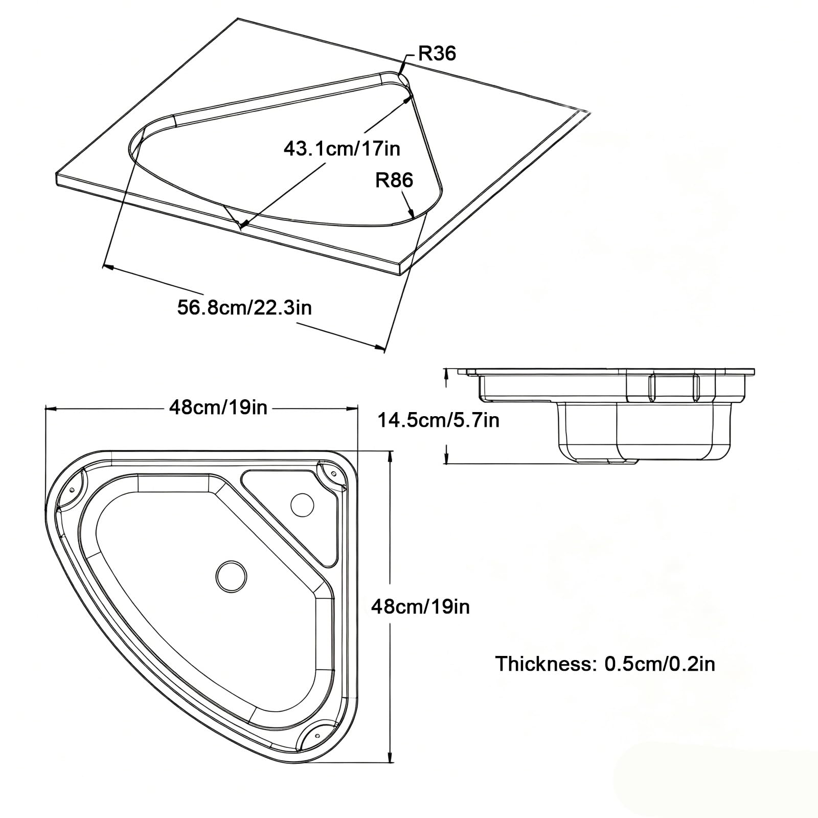 Fregadero para caravana con grifo, diseño triangular acrílico, 19 x 19 x 5.7 pulgadas, perfecto para cámper, cocina, caravana, barcos y furgonetas