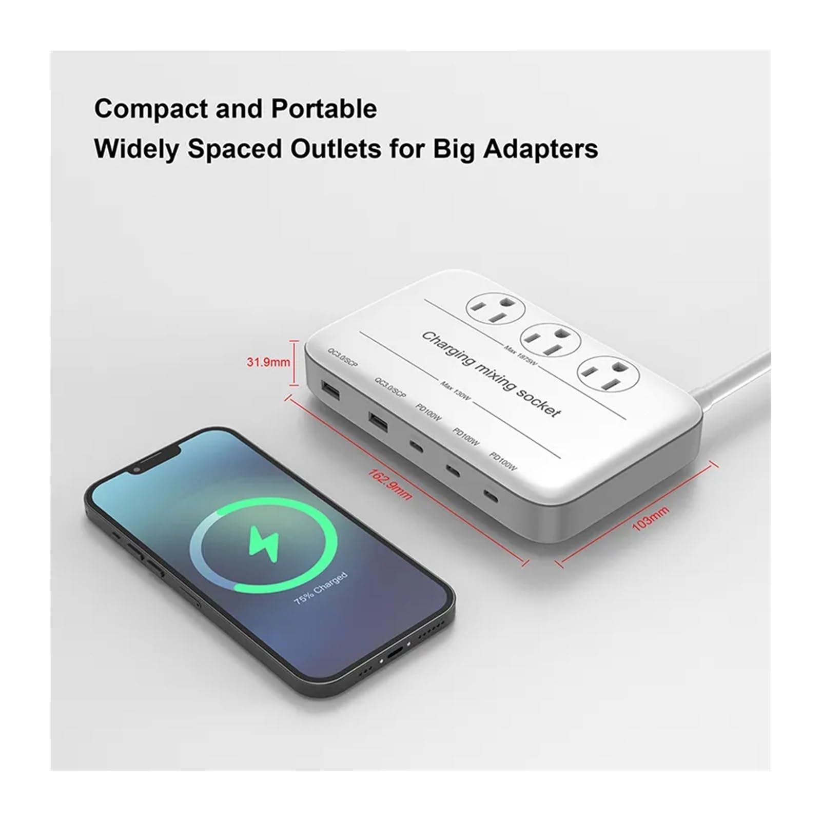 Ładowarka USB, Stacja ładująca USB C Listwa zasilająca 130 W z 3 przedłużaczami gniazdek 1875 W, 3 USB-C 100 W i 2 szybkimi ładowarkami USB-A 30 W dla smartfona