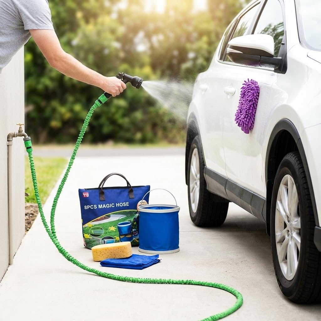 Kit di pulizia veicoli completo 8 pezzi con tubo espandibile e secchio pieghevole per lavaggio auto, per veicoli - per la casa
