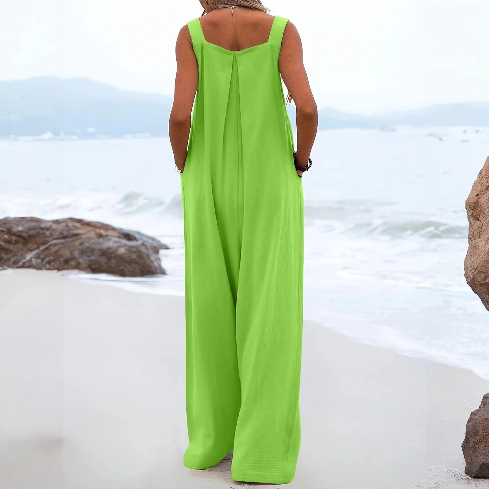 Generisch Latzhose Damen Sommer Baumwolle Jumpsuit Damen Elegant Weites Bein Overall Lang Mit Taschen Jumpsuits Ärmellos Overalls Mit Knöpfe Latzhosen Frauen Strand Playsuit Kuschelig Romper Casual