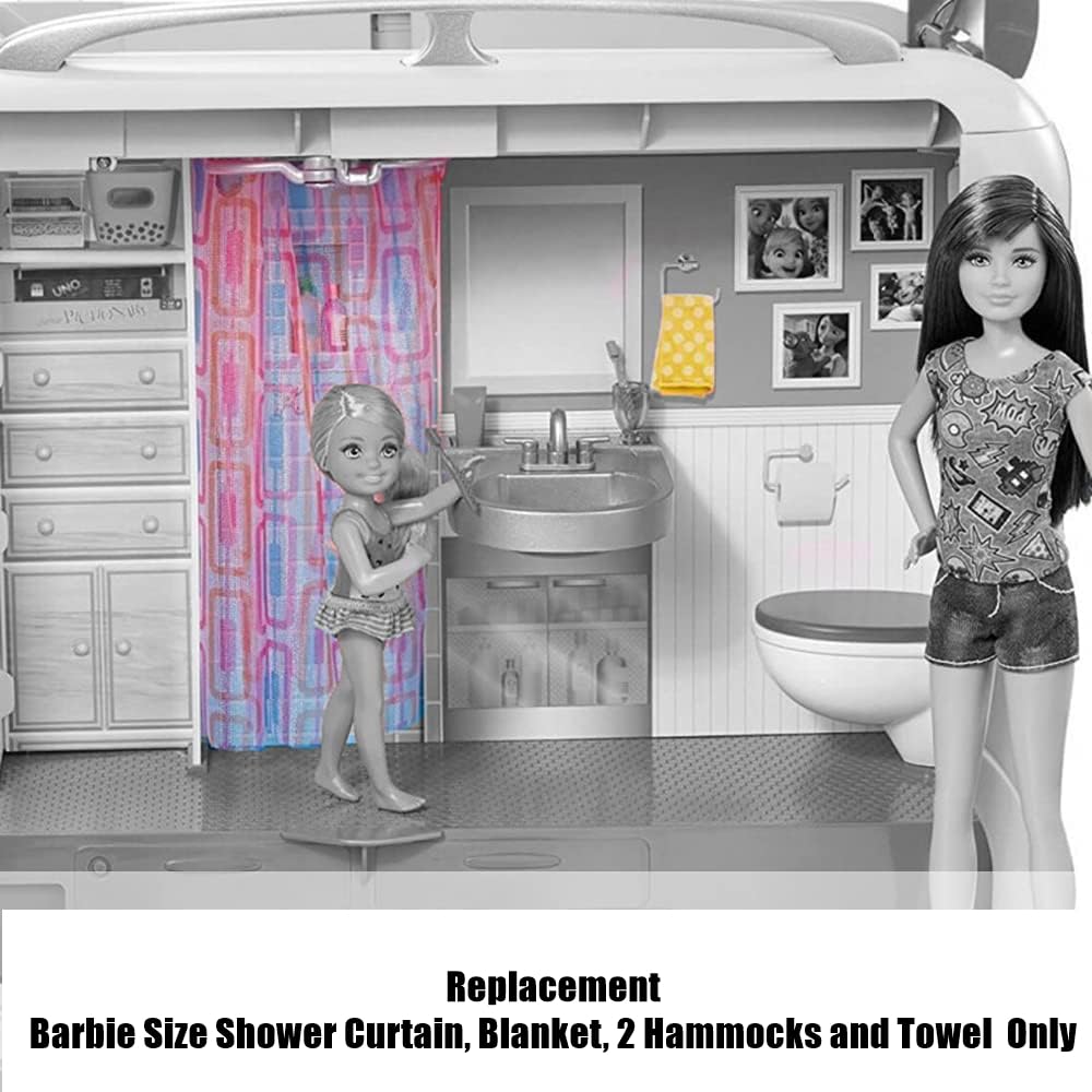 Mattel Replacement Barbie Size Shower Curtain, Blanket, 2 Hammocks and Towel for Barbie Camper Playset - FBR34, Pink, Blue, Yellow