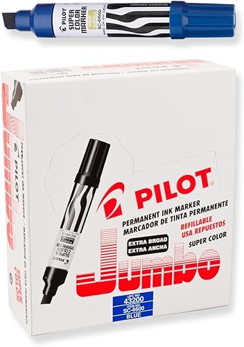 PILOT Super Color Jumbo - Marcadores permanentes recargables, tinta azul, punta de cincel extra ancha, paquete de 12 (43200)