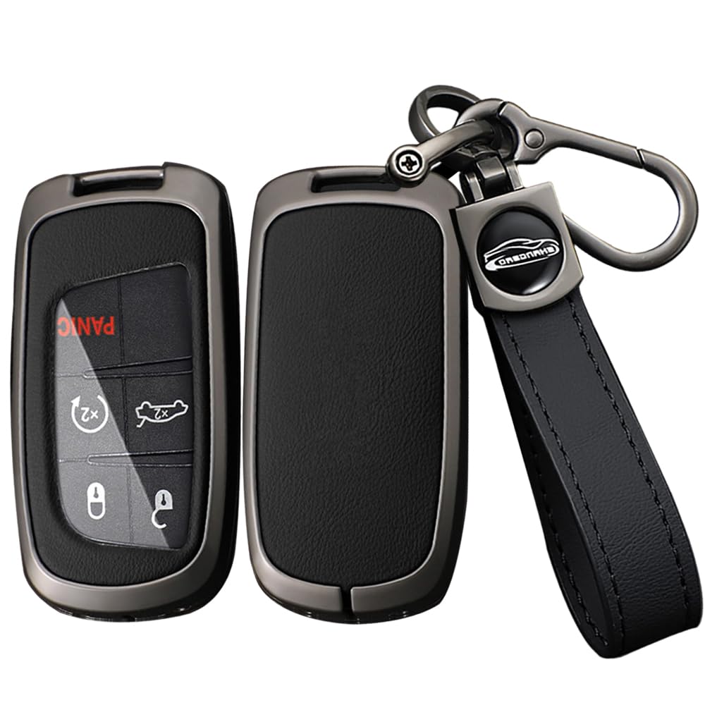 ontto Car Key Fob Cover Fit for Jeep Grand Cherokee Key Remote Metal Frame and Leather Key Shell Full Protector Fit for Dodge Challenger Charger Dart