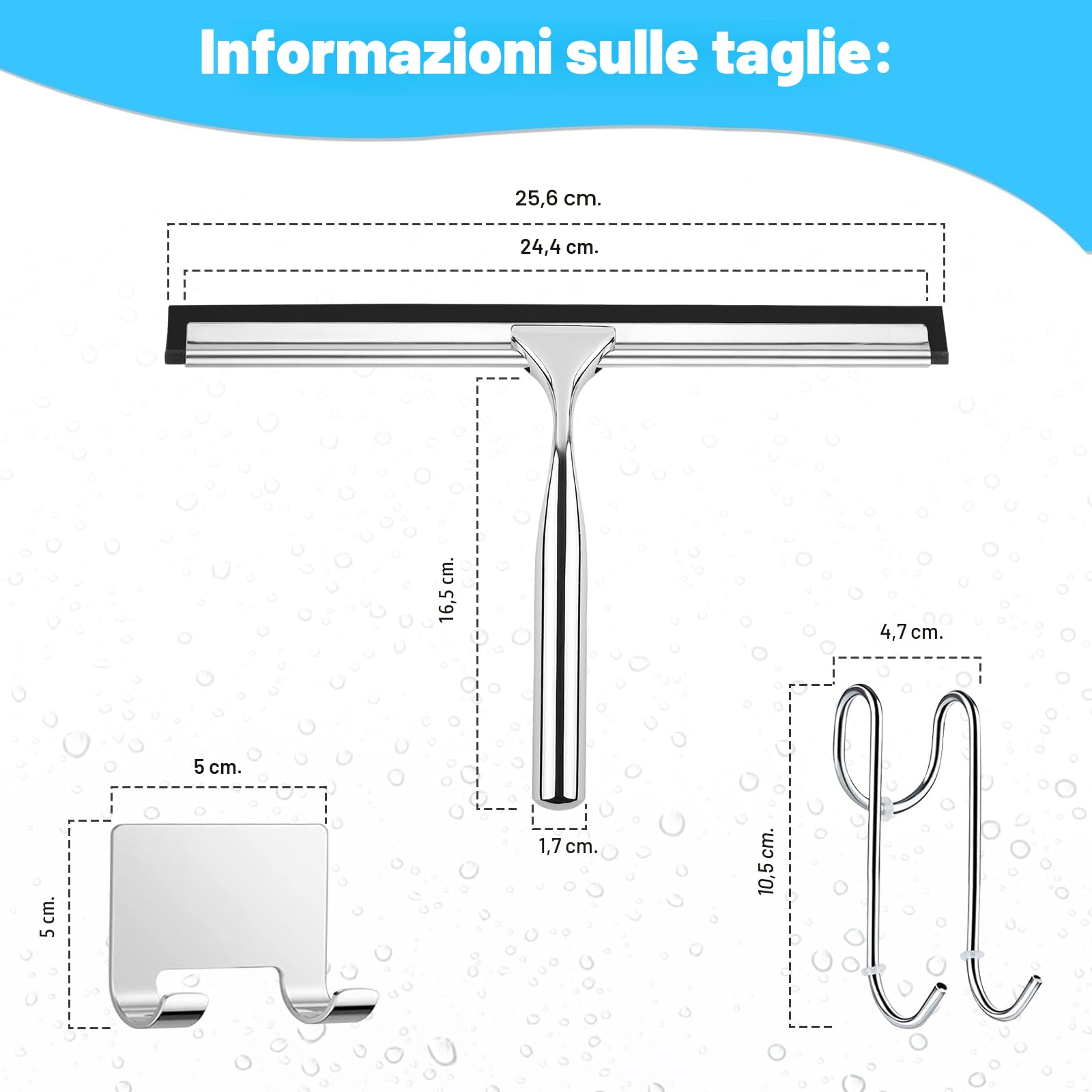 25CM Tergivetro Per Doccia, Tira Acqua Da Doccia In Acciaio Inox, Tiraacqua Vetri Doccia Con 1 Gancio E 2 Lama In Silicone, Senza Bisogno Di Forare, Può Pulire Bagno, Finestre E Specchi