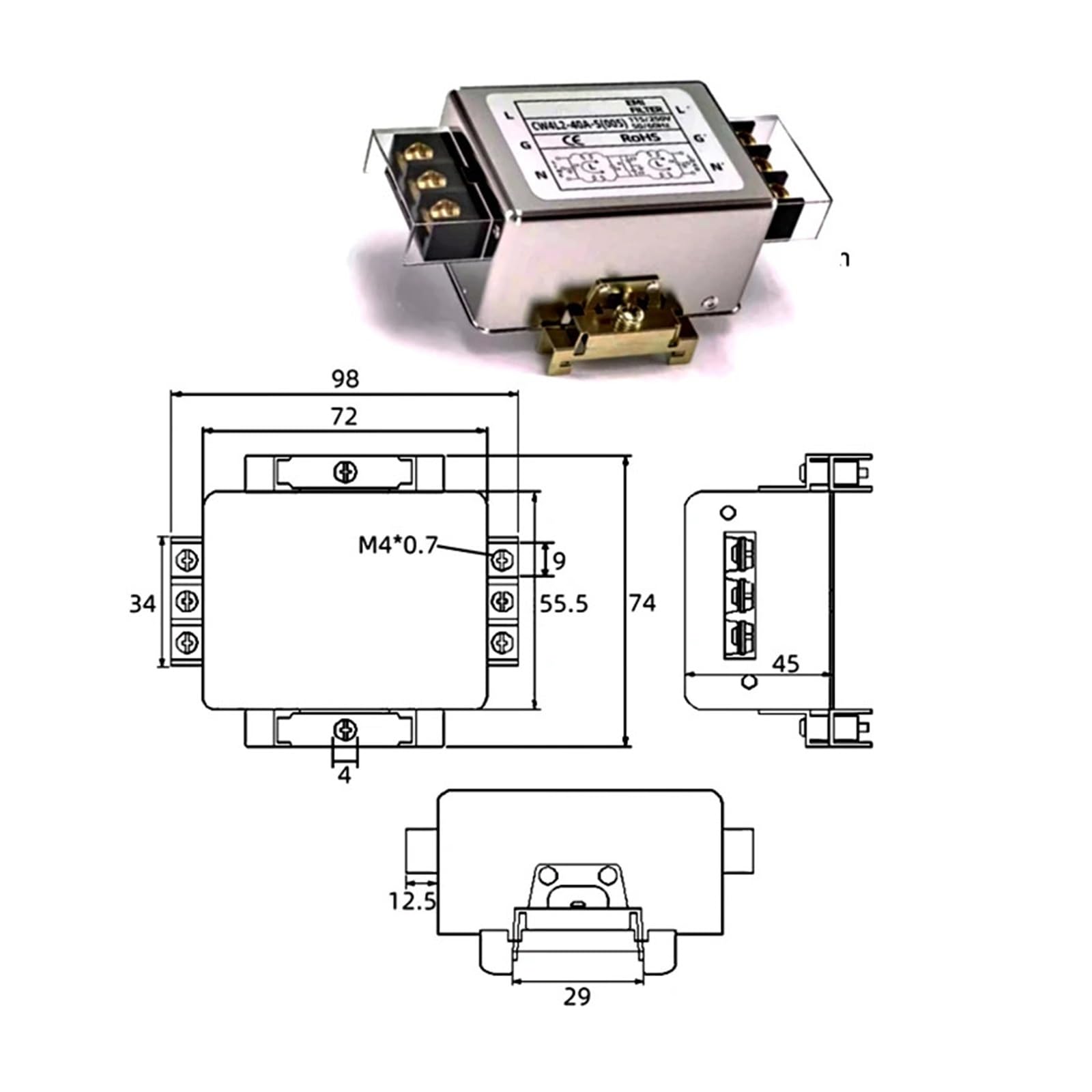 1 pz CW4l2-S (005) Filtro di Potenza monofase da 3 A a 40 A CW4L2 Morsettiera Guida bipolare Alimentazione 220 V Anti-interferenza(CW4L2-40A-S(005))