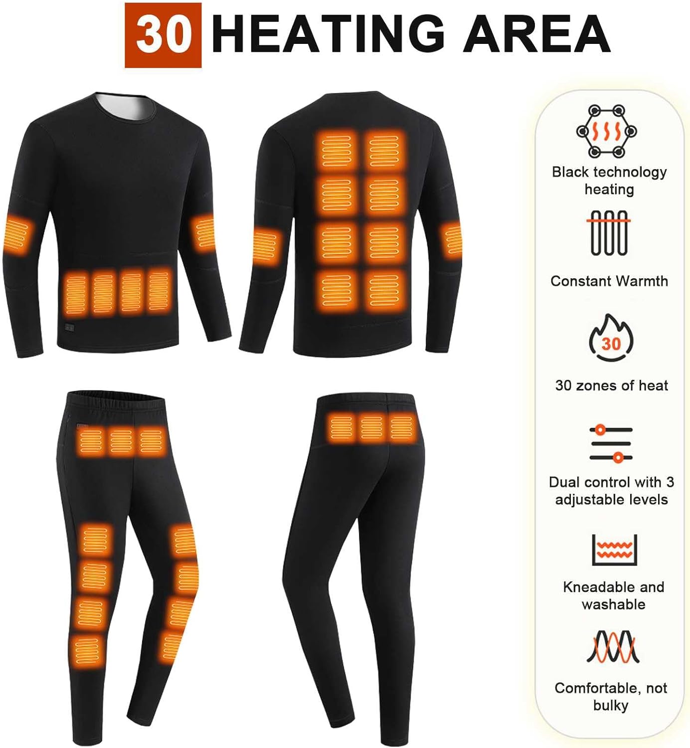 Heated Underwear Set for Men Women, Thermal Shirt and Warm Pants with 30 Heating Zones, Cold Weather Base Layer Set