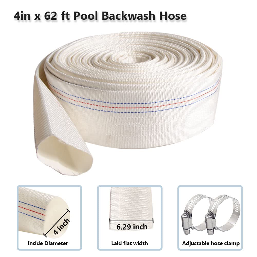QuQuyi Manguera de lavado de piscina de PVC reforzado resistente de 4 x 62 pies, tubería de descarga de agua plana de uso general para aplicaciones de transferencia de agua, color blanco