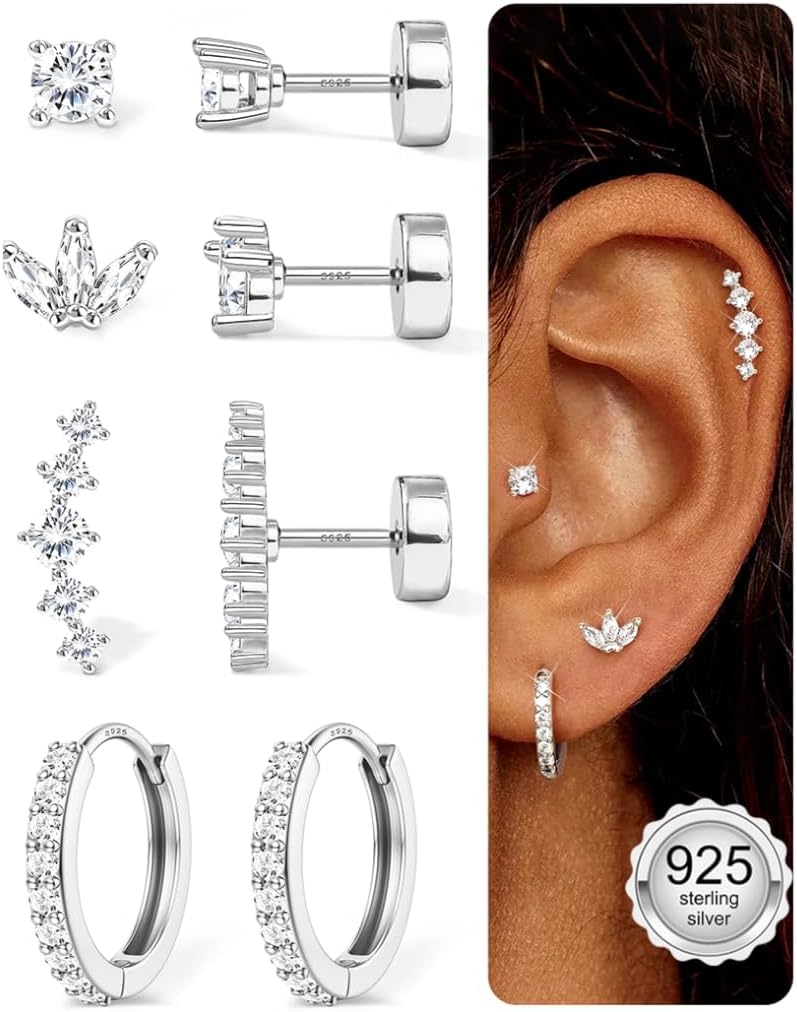 Chriscoco 4Pairs 925 Sterling Silver Earrings for Women 14K Gold Plated Flat Back Earrings Set Hypoallergenic Gold Silver Studs Huggie Hoop Earring Stack Tragus Helix Cartilage Piercing Jewellery Chriscoco 4Pairs 925 Sterling Silver Earrings for Women 14K Gold Plated Flat Back Earrings Set Hypoallergenic Gold Silver Studs Huggie Hoop Earring Stack Tragus Helix Cartilage Piercing Jewellery