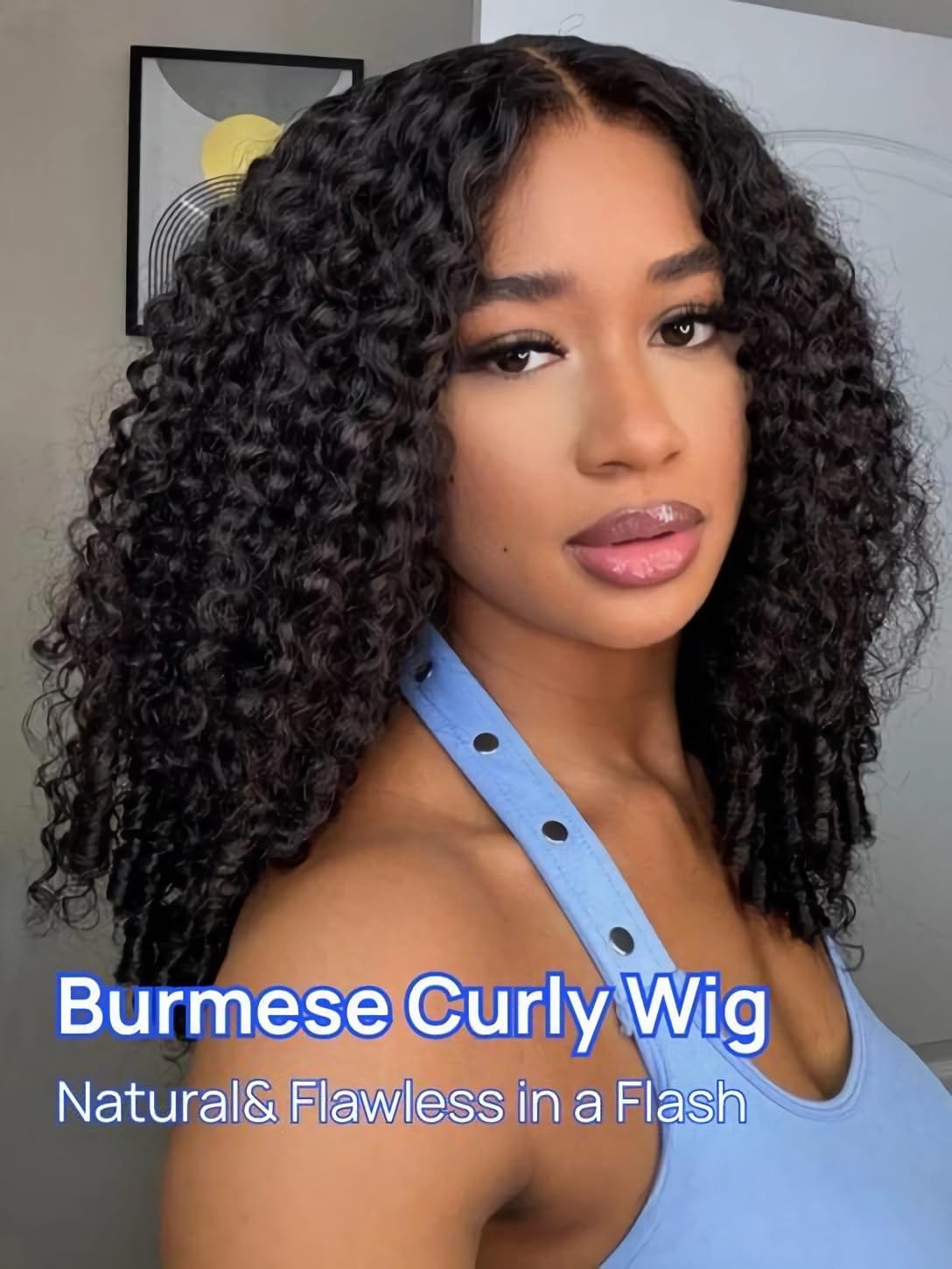 Julia Hair V Part Wig Human Hair Curly Wig with Finger Coil Ends Glueless V Shape Wig Afro Curly Wigs with Drawstring Upgrade U Part No Leave Out Half Wig For Women Natural Scalp 24 Inch