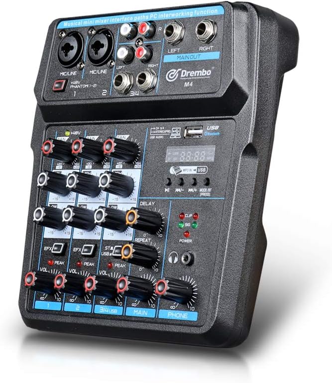D Debra M4 Mini Audio Mixer Mixing Console Mixer Sound 4 Channel with Sound Board USB Bluetooth Audio Interface Mic Preamps 48V Phantom Power Mixer Use for DJ Studio PC Recording Singing Webcast Party