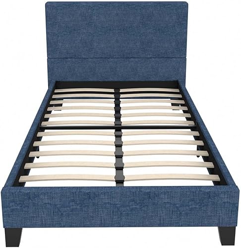 Miniatura 3 de Cama de plataforma tapizada tamaño individual con cabecero copetudo, marco de cama de lino moderno, soporte de listones de madera, no necesita Azul