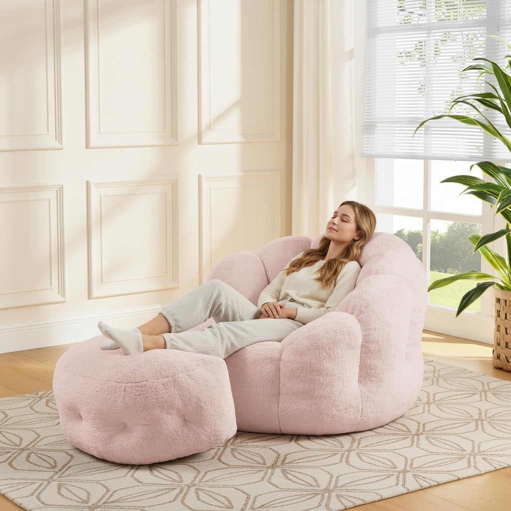 Pink Flower Bean Bag Chair with Ottoman, Fuax Fur Comfy Reading Chair for Bedroom, Fluffy Plush Floor Lazy Sofa for Living Room, Reading Nook - Image 7