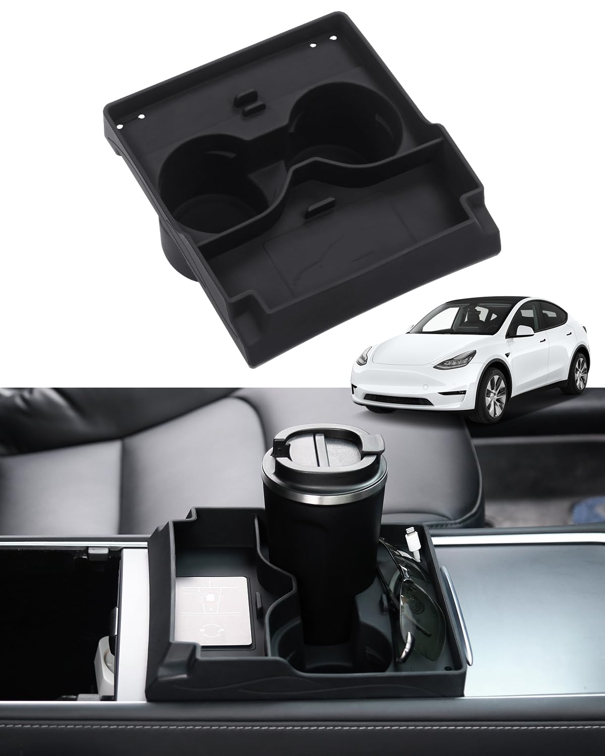 2 in 1 Cup Holder Insert for Tesla Model Y/Model 3 Accessories 2021-2024 Center Console Organizer Silicone Material with Sunglasses Holder&USB Hub ?Black?