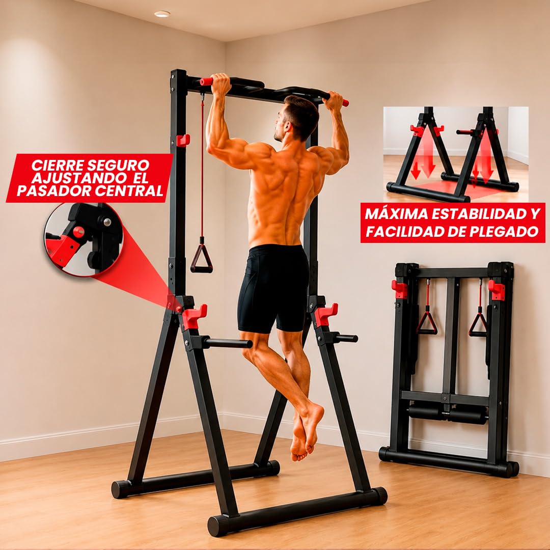 Maniboom Estación de Dominadas Plegable (200kg) - Rack Dominadas y Soporte para Barras Ajustable (175-225cm) - Pull Up Station Multifunción con Agarres para Fondos y Cuerdas TRX