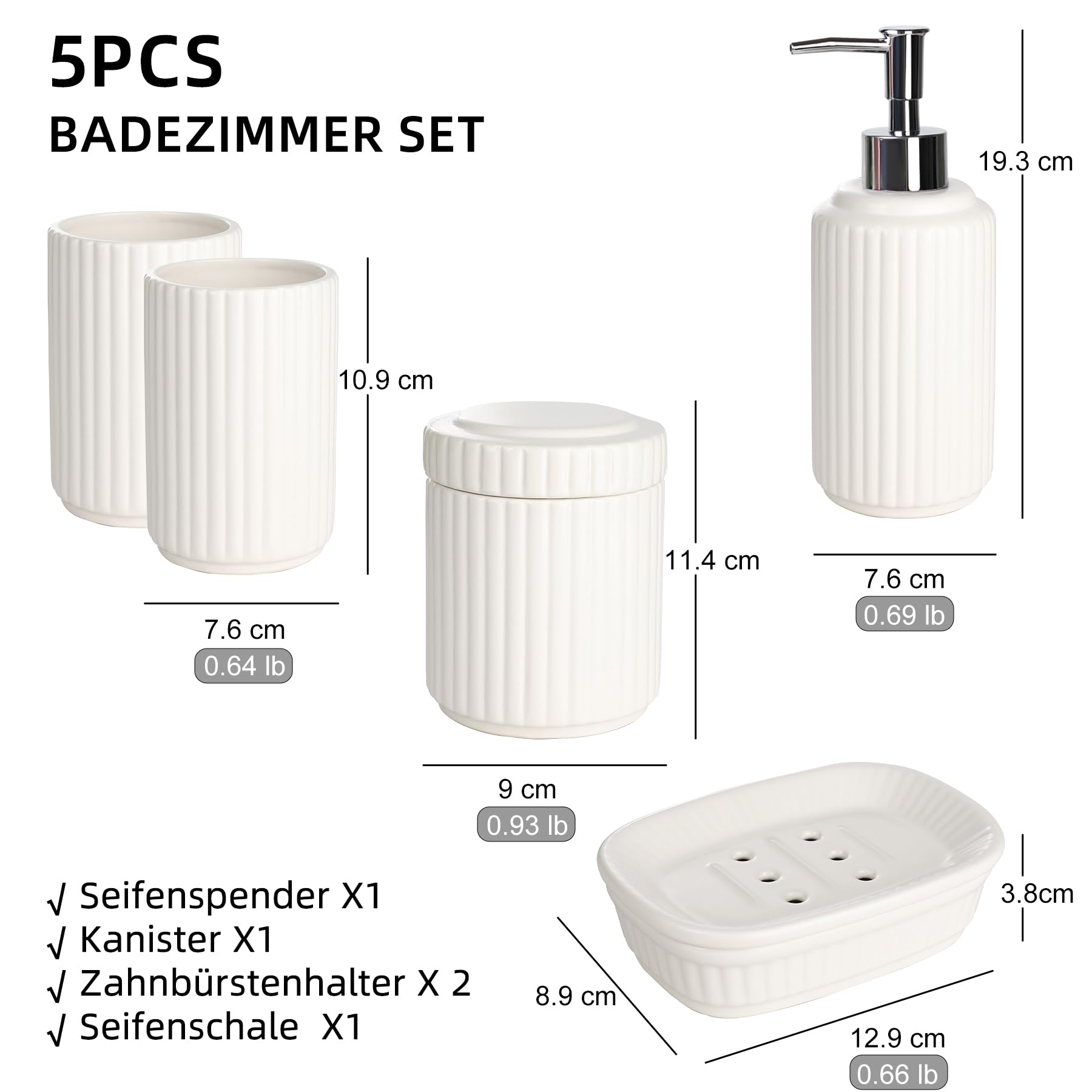 NOVAJOY Set da bagno in ceramica – 5 pezzi, organizer da bagno con dispenser di sapone, portasapone, porta spazzolino, contenitore di cotone, set di decorazione da bagno di alta qualità (beige bianco)