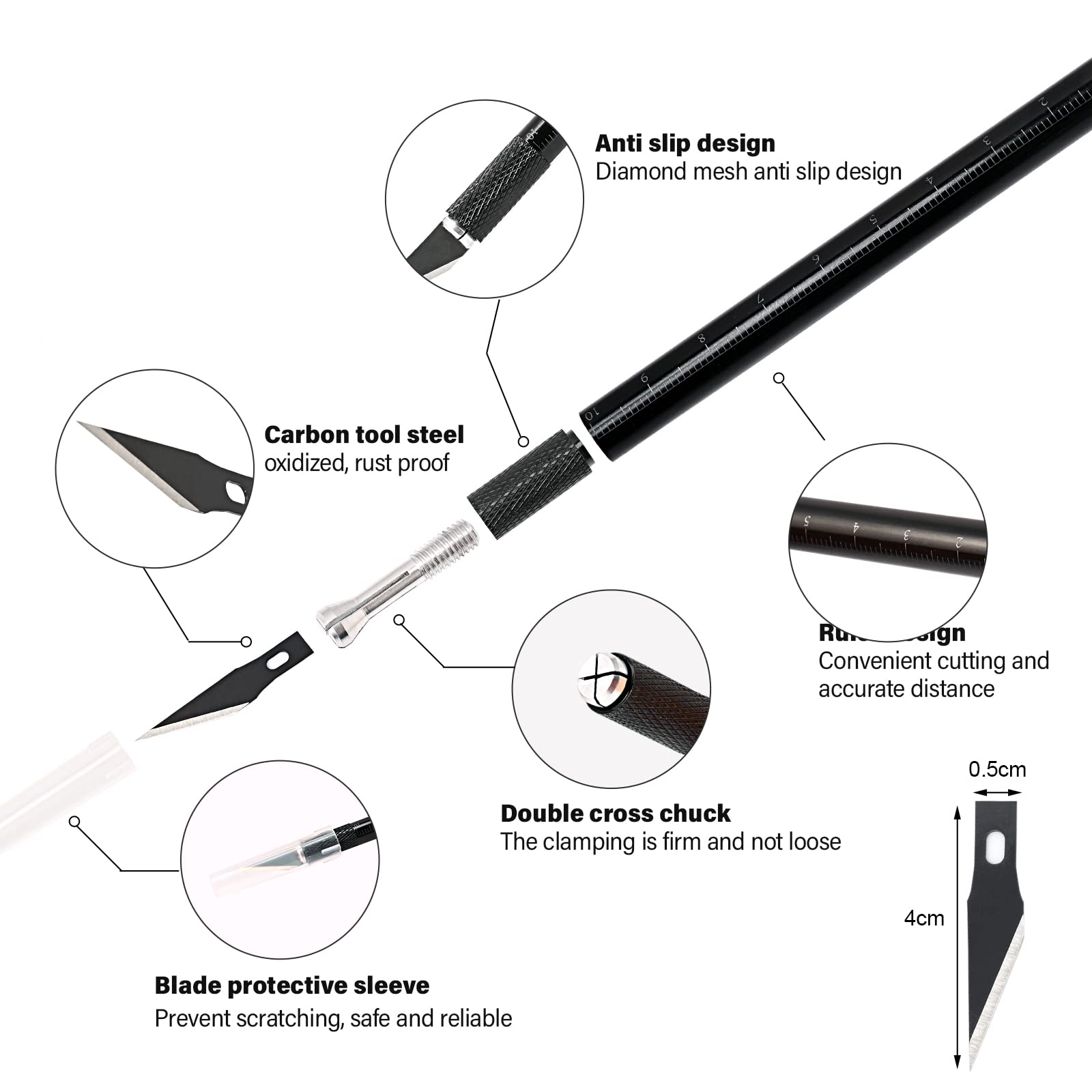 EHDIS Taglierino di precisione con 10 lame di olio antiruggine, Bisturi Modellismo, Cutter di Precisione con Scala, per Lavoro Artistico Fai Da Te Taglio, Scultura, Nero