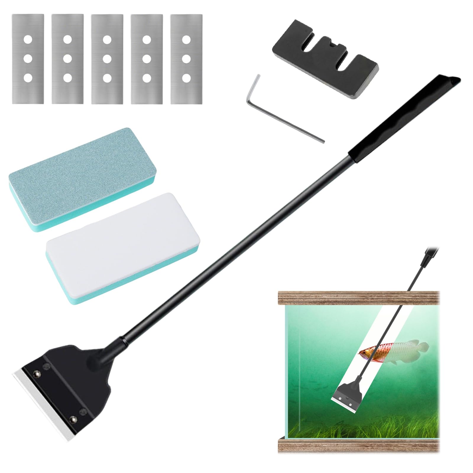 Hocklliy 8pcs Algae Scraper Fish Tank, Fish Tank Glass Cleaner, 65cm Detachable Handle with 5 Replacement Blades 2 Sponges, Scraper Kit for Aquarium Gravel Cleaning