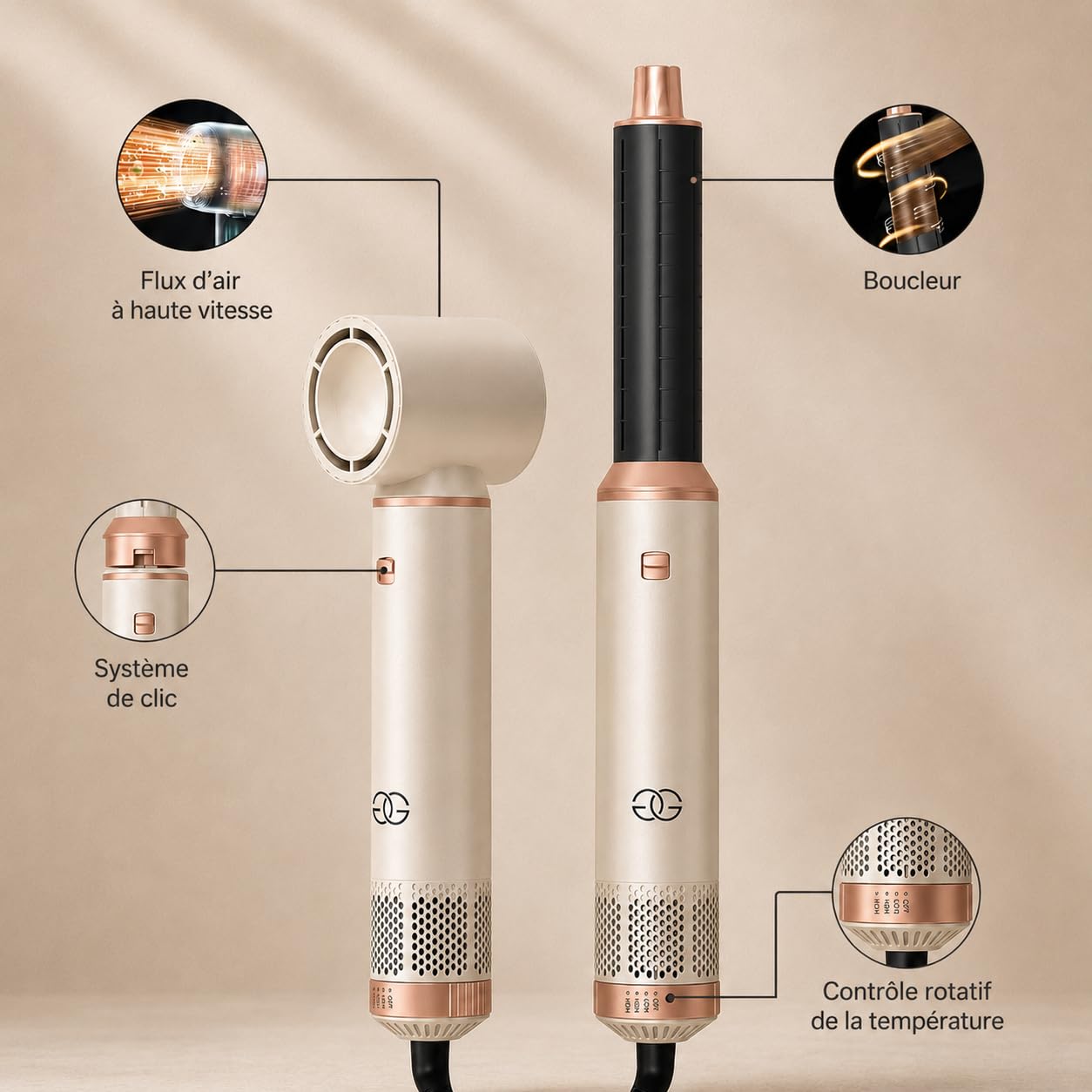 Brosse Soufflante avec 5 accessoires, Golden Goods Multistyler Sèche-cheveux, Airstyler 5-en-1, pour sécher, Brosse Coiffante Chauffante, Pour Lisser, Boucler, Sandstone Edition