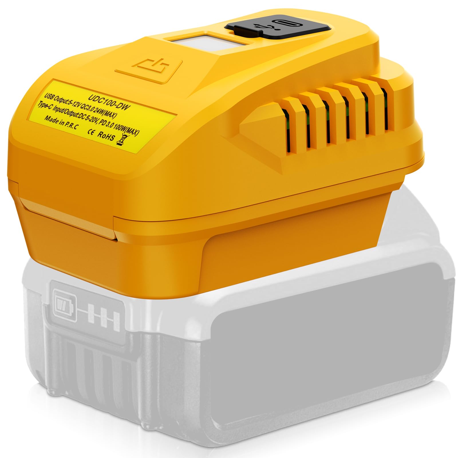 TPDL 100W Adapter for Dewalt 20V MAX Battery with Type C 100W Output PD3.0 and USB 24W QC3.0 Port, Type C Port Support Input for Battery Charging, with LED Show (Only Adapter)