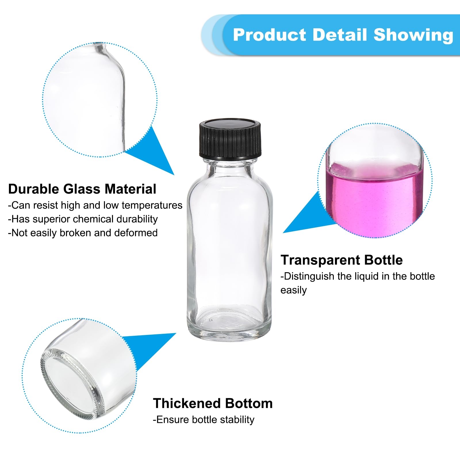 PATIKIL Botellas de muestra de vidrio de 30 ml, 48 botellas dispensadoras redondas con tapa de cono de poliéster negro para líquidos reactivos, jugo, perfume, salsa picante, chupitos de jengibre,