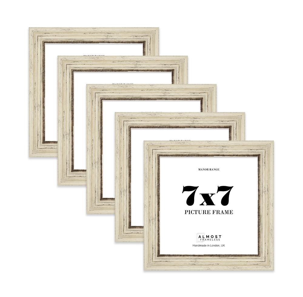 7x7 Picture Frame, Display 7x7 Pictures (17.8 x 17.8cm) - Distressed Cream Rich-toned 42mm Edge Room Decor - 5 Pack