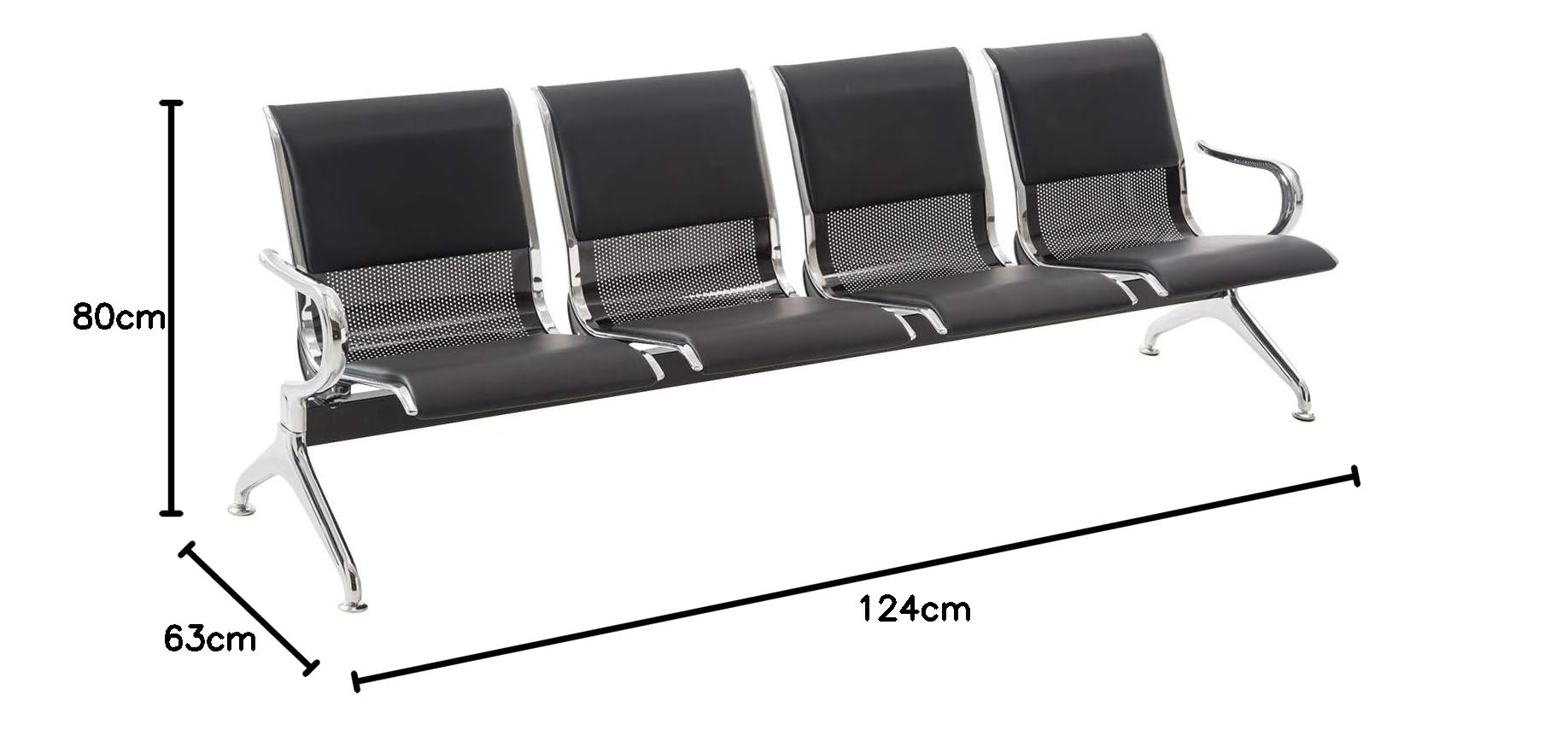 CLP Panca d'attesa per aeroporti con Rivestimento in Similpelle, Panca con Struttura in Metallo in Look Cromato, robuste sedie d'attesa, Colore:Nero/Nero, Dimensione:4 posti