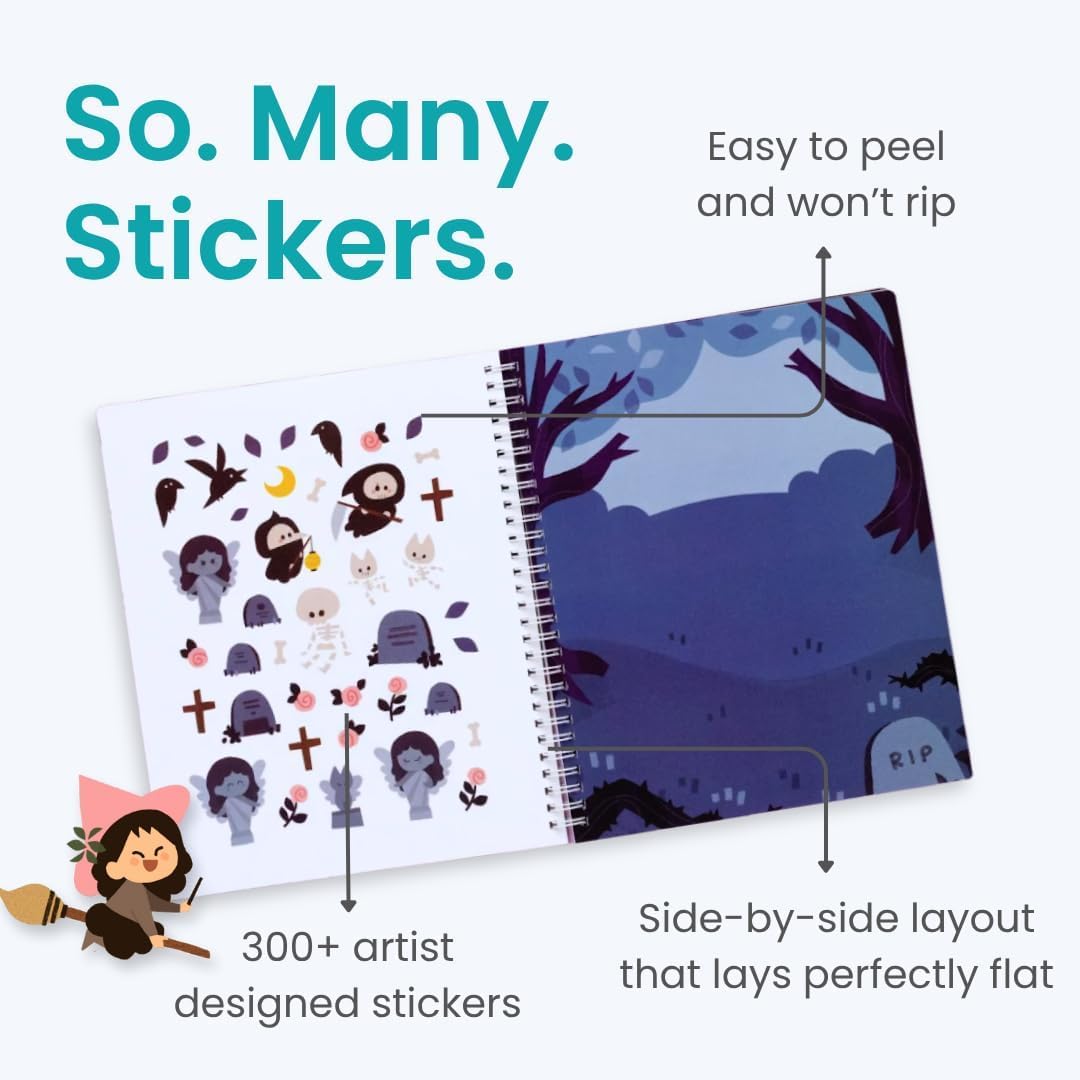 Spooky Village Halloween 300+ Sticker Book by Cupkin Toddler Travel Activity Coloring + Sticker Book, 8 Coloring Pages + Side by Side Scenes for 2–8 Years Children, Easter Gifts for Kids - Image 2