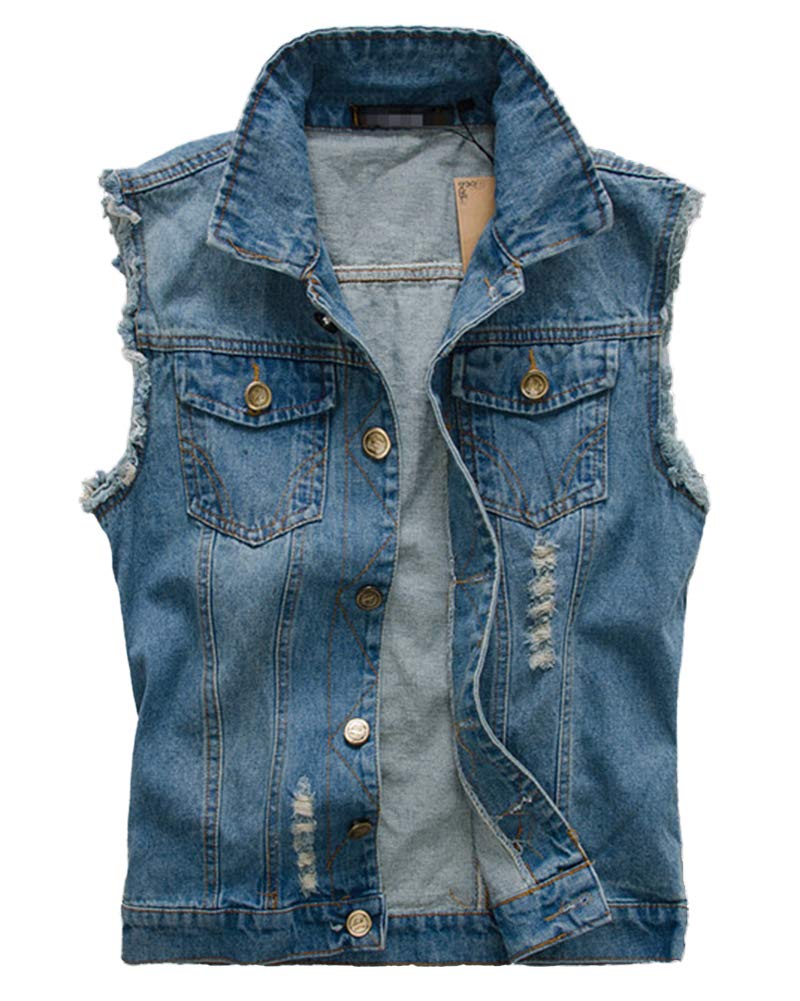Anyua Men's Blue Denim Vest, Casual, Cowboy, Jacket With Holes, Ripped Jean Waistcoat 4XL
