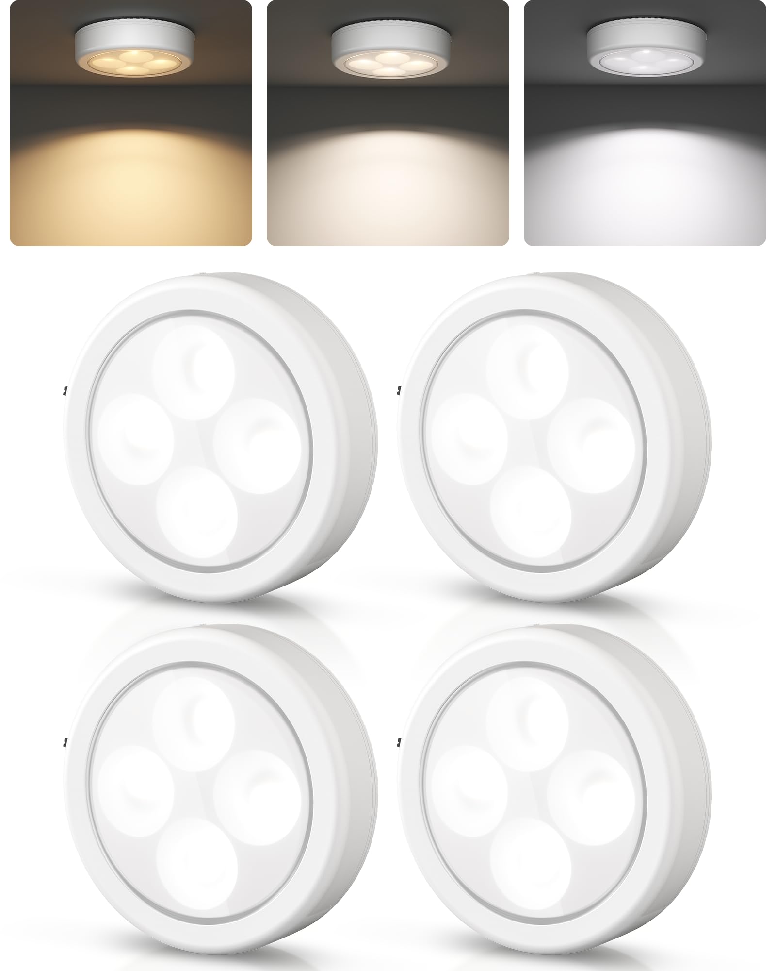EZVALO LED Puck Lights, Rechargeable Stick On Tap Lamp, Touch Light, 2.95'' Mini Tap Light, 3 Color Temps,Under Cabinet Lights Wireless, Ideal for Kitchen,Closet,Pantry,Camper(4 Pack)