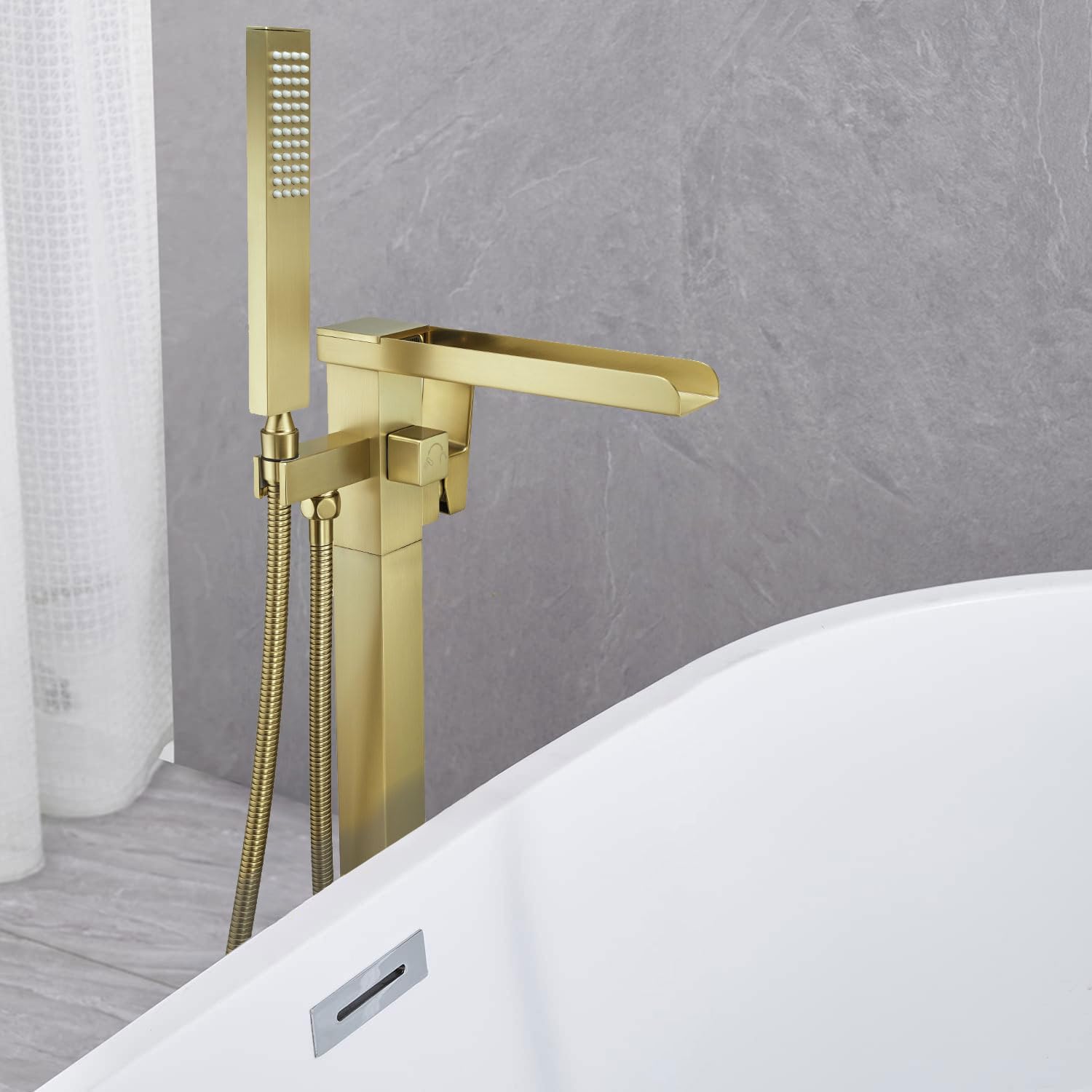 Free Standing Tub Faucet Brushed Gold, Floor Mount Freestanding Tub Faucets, Brass Stand Alone Tub Filler, Waterfall High Flow Bathtub Shower Mixer Tap - Image 2