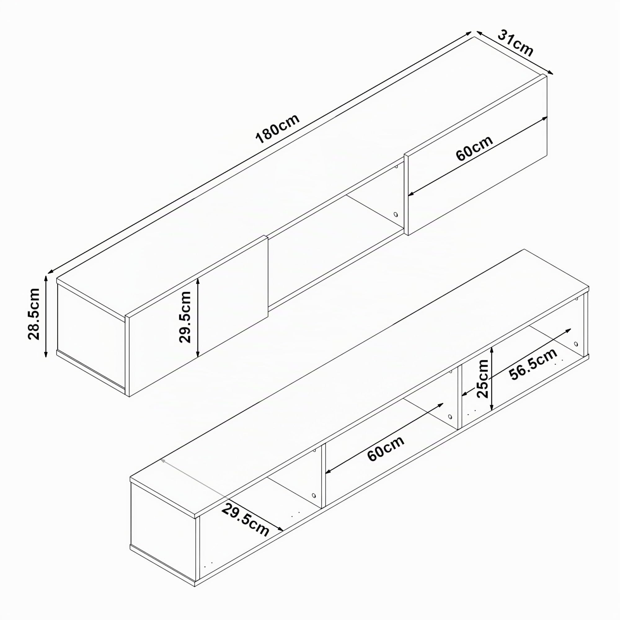 [en.casa] Mobile TV da Parete 180 x 31 x 29,5 cm Mensola Porta TV con 3 Scomparti 2 Vani con Ante a Ribalta Armadietto Pensile da Soggiorno Camera da Letto - Effetto Rovere