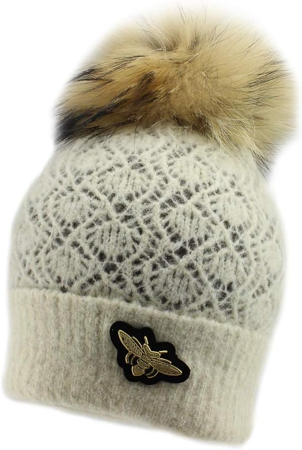 Girls Warm Winter Natural Fur Pom Pom Beanie Hat (Vanessa I)