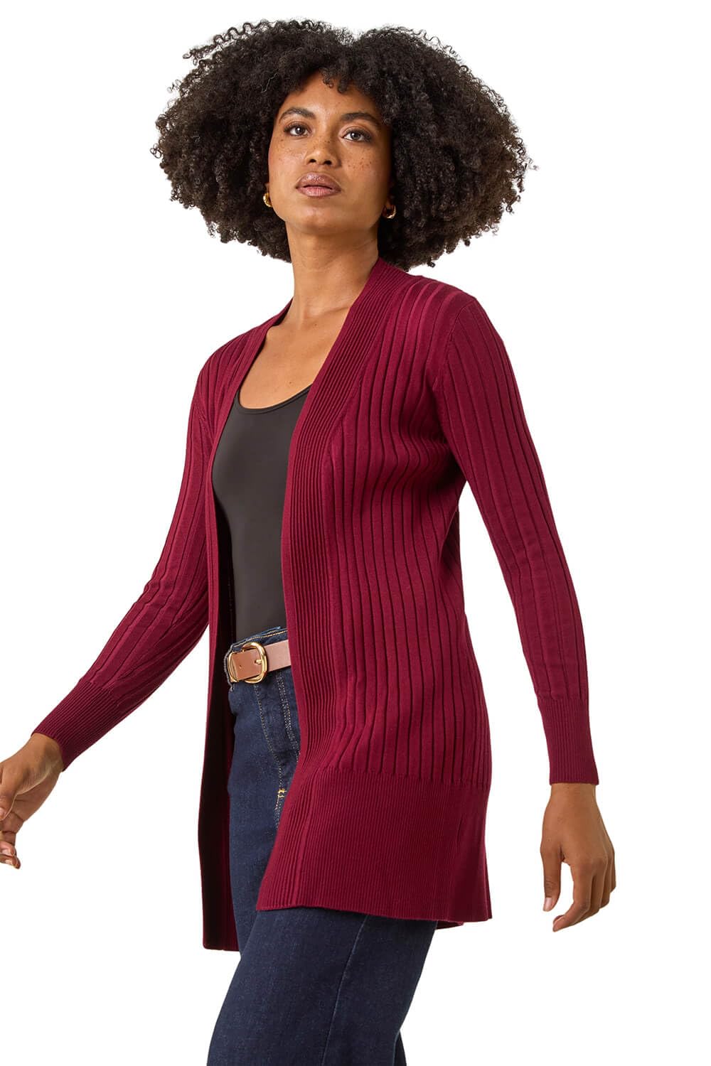 Roman Women's Longline Stretch Ribbed Cardigan Sweater in Wine | Size: 10