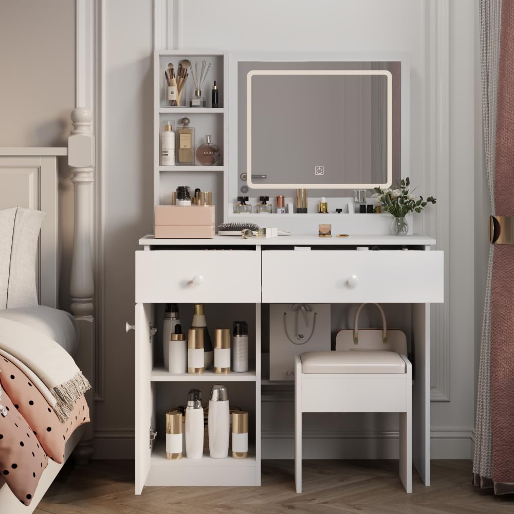 Fashion Vanity Desk with Mirror and Lights for Makeup, Vanity Mirror with Lights and Table Set with 3 Color Lighting Brightness Adjustable, 2 Big Drawers, White Color