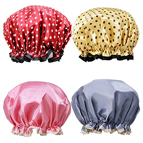 Onshine Fashionable Shower Cap Double Layer Waterproof Shower Hat Elastic Band Beautiful Color Dot Pattern 4 Pack Bath Caps