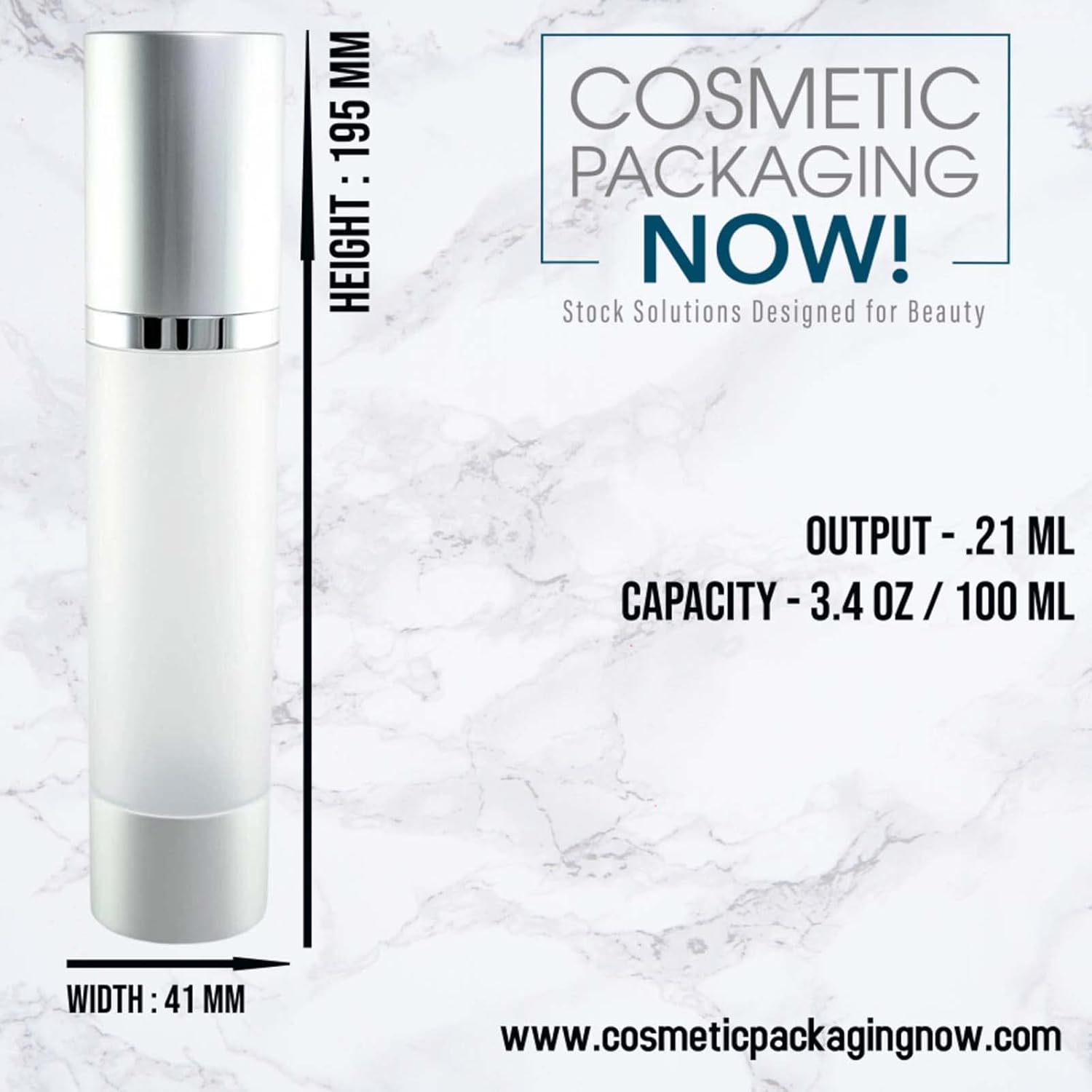 Cosmetic Packaging Now! Luxe Airless Bottle, White Airless Bottles w/Matte Silver Cap, Multi-Pack Bundle (100 ML,6 Pack)