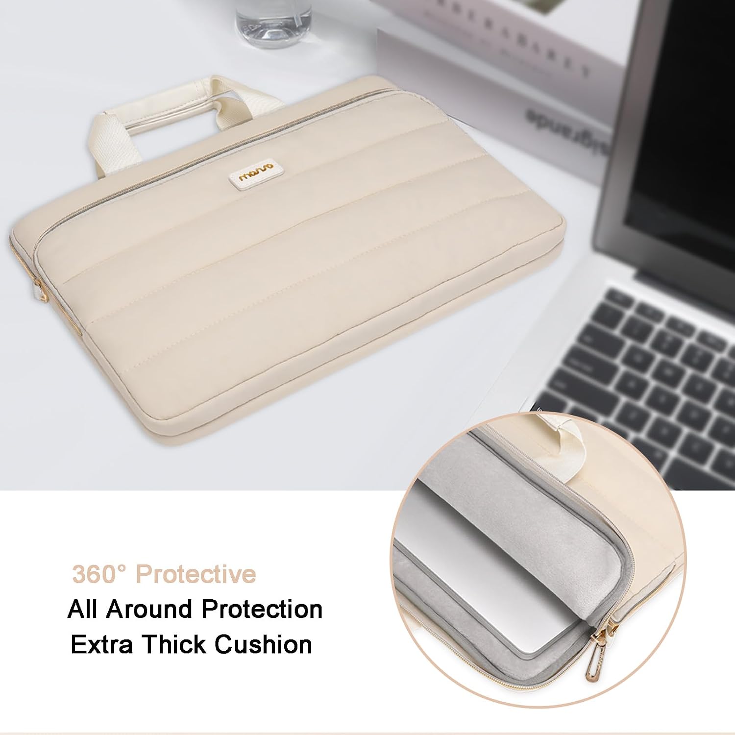 MOSISO Puffy Laptop Shoulder Bag,15-15.6 inch Computer Bag Compatible with MacBook Pro 16 inch, HP, Dell, Lenovo, Asus Notebook,Polyester Horizontal Sleeve with Front Zipper Pocket&Belt, Sand