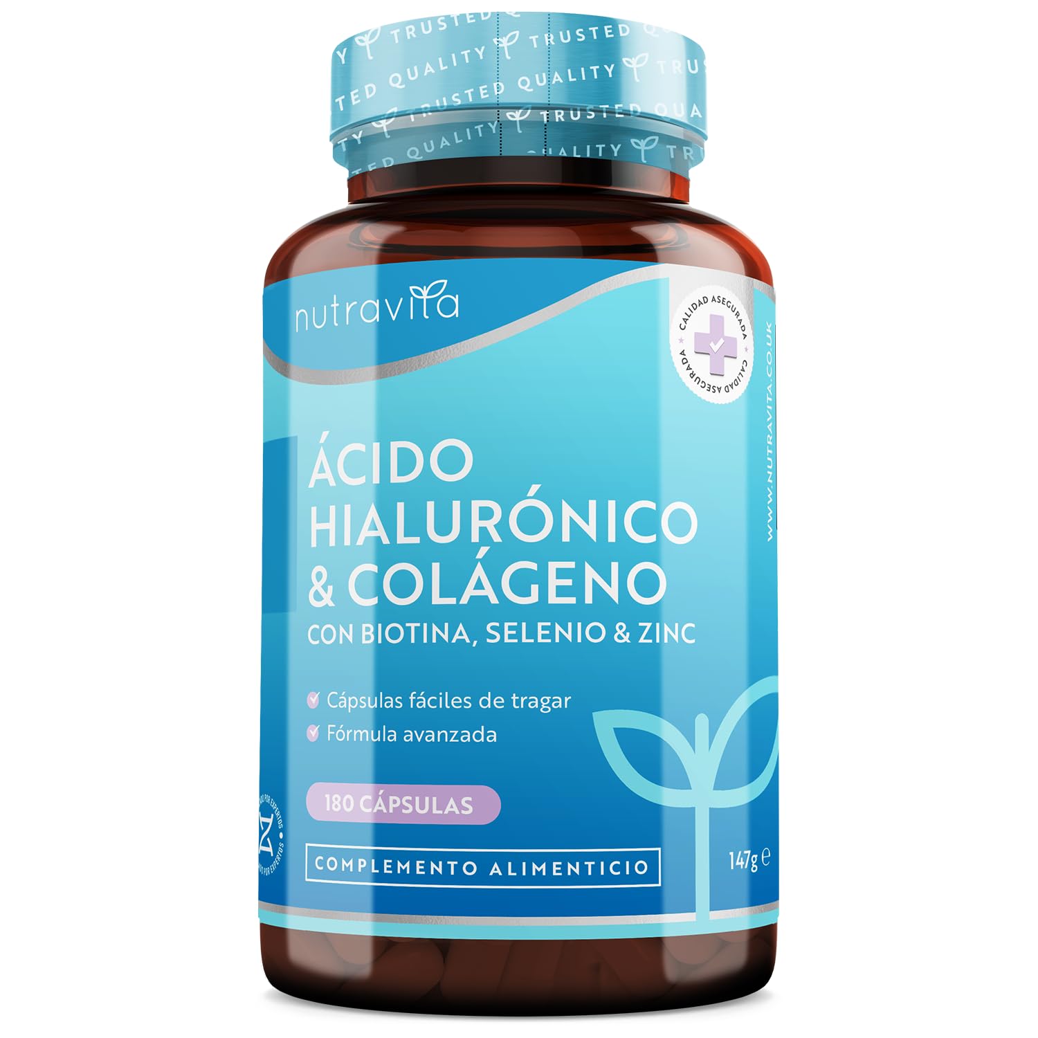 Colageno + Acido Hialuronico Capsulas - Colágeno Hidrolizado y Ácido Hialurónico con Vitamina C, D, B12, A + Biotina + Zinc + Selenio - para la Piel, las Uñas y el Cabello - 180 Cápsulas - Nutravita