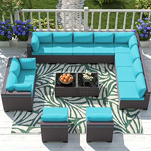 Outdoor Patio Furniture Set, 14 Pieces Outdoor Sectional Furniture Patio Sofa, All-Weather PE Rattan Patio Conversation Set with Tempered Glass Top Table & Cushions(Teal). Outdoor Patio Furniture Set, 14 Pieces Outdoor Sectional Furniture Patio Sofa, All-Weather PE Rattan Patio Conversation Set with Tempered Glass Top Table & Cushions(Teal).