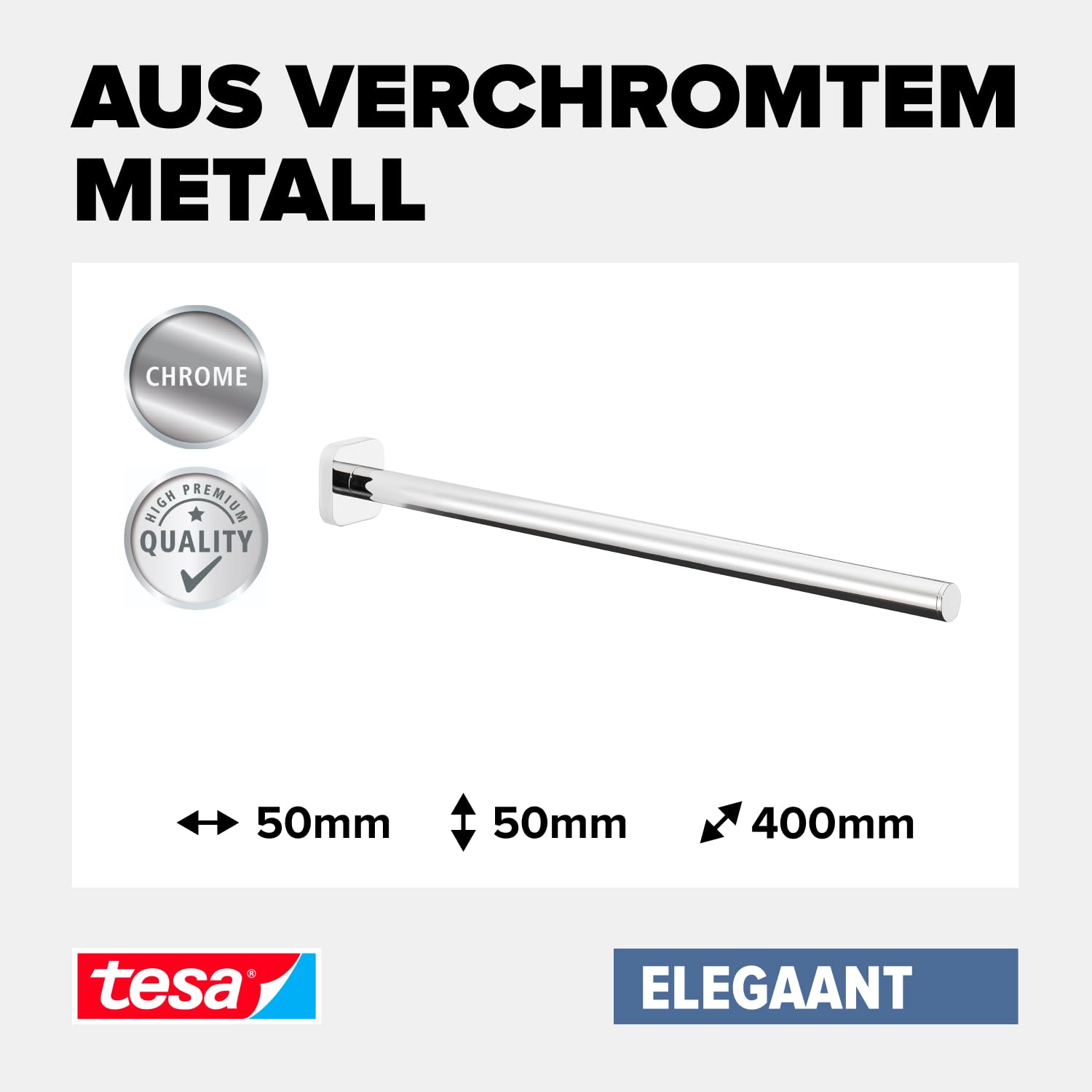 tesa ELEGAANT Bad Handtuchhalter, EIN Arm, verchromt - rostfrei, zur Wandbefestigung ohne Bohren, inkl. Klebelösung - 50 mm x 50 mm x 400 mm
