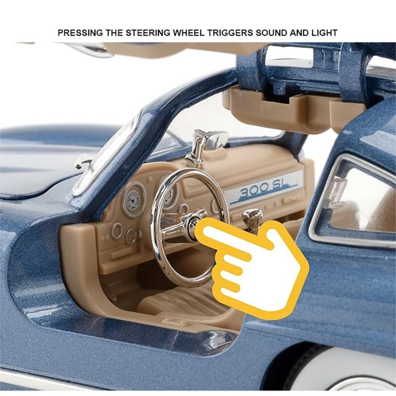 Image of Kids Model 1:24 Vintage 300 SL Classic Die Cast Metal Car Pull Back Action Opening Doors with Realistic Engine Sound Lights Toy Car Gift for Boys - Blue