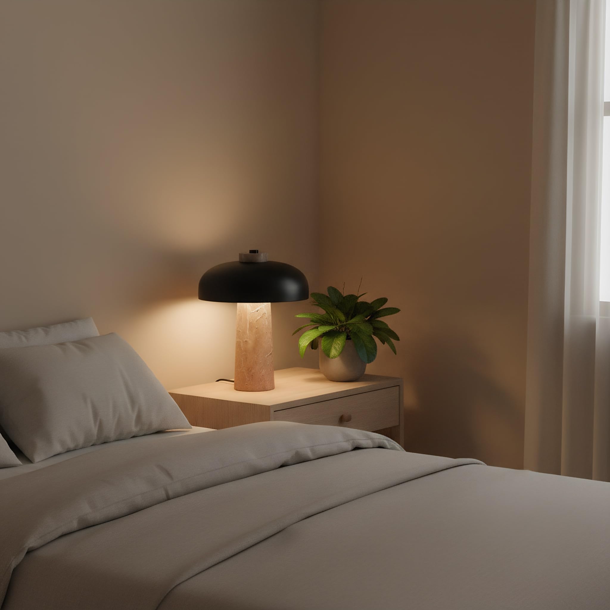 B·LED Barcelona Tischlampe aus Naturstein mit Marmorsockel, modernes minimalistisches Design, warmes LED-Stimmungslicht, Aluminium-Schirm in Weiß oder Schwarz, ideal für Wohnzimmer, Nachttisch