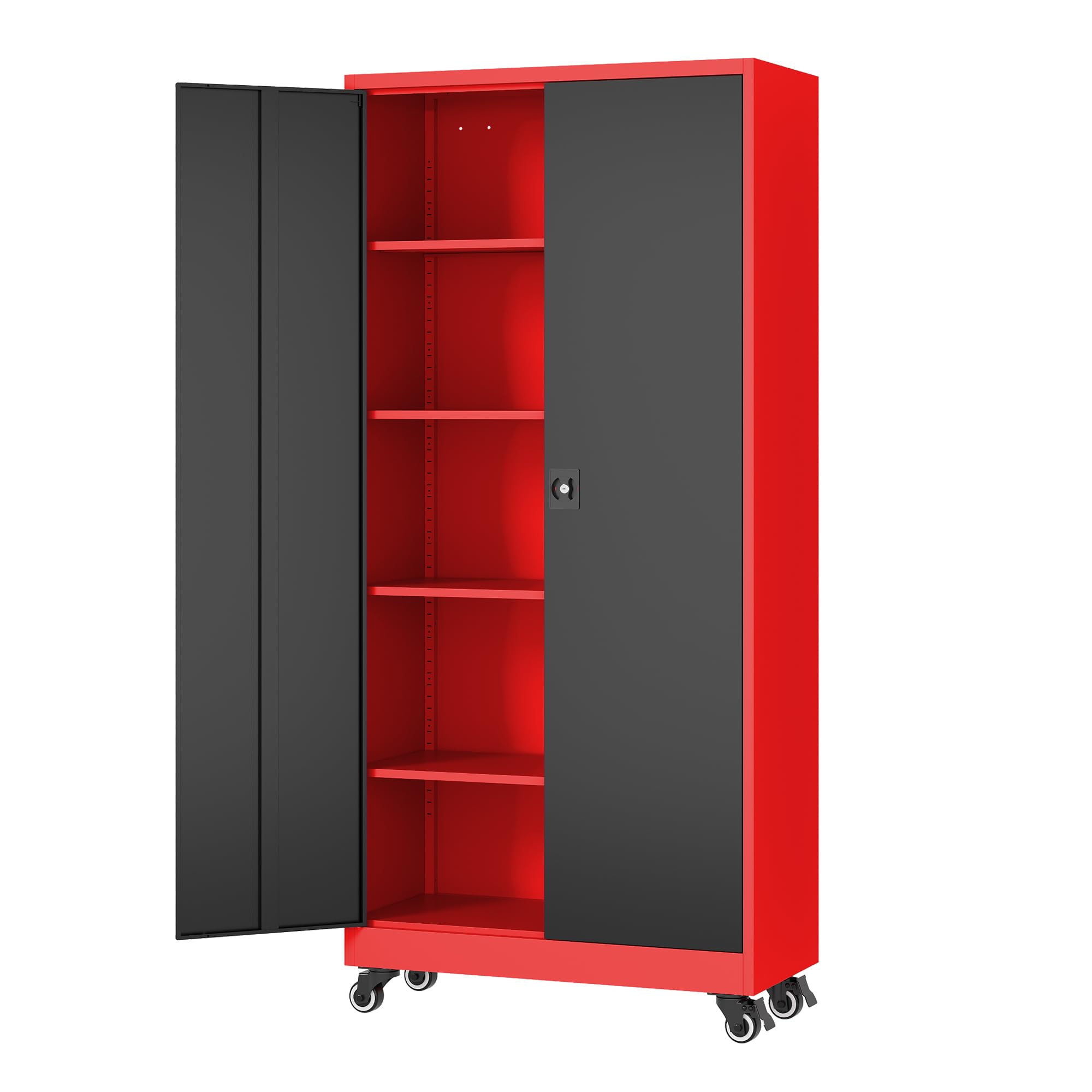 Fesbos Metal Rolling Storage Cabinet-74.6” Tall Steel File Cabinets with Wheels Lockable Doors and Adjustable Shelves-Black & Red Steel Storage