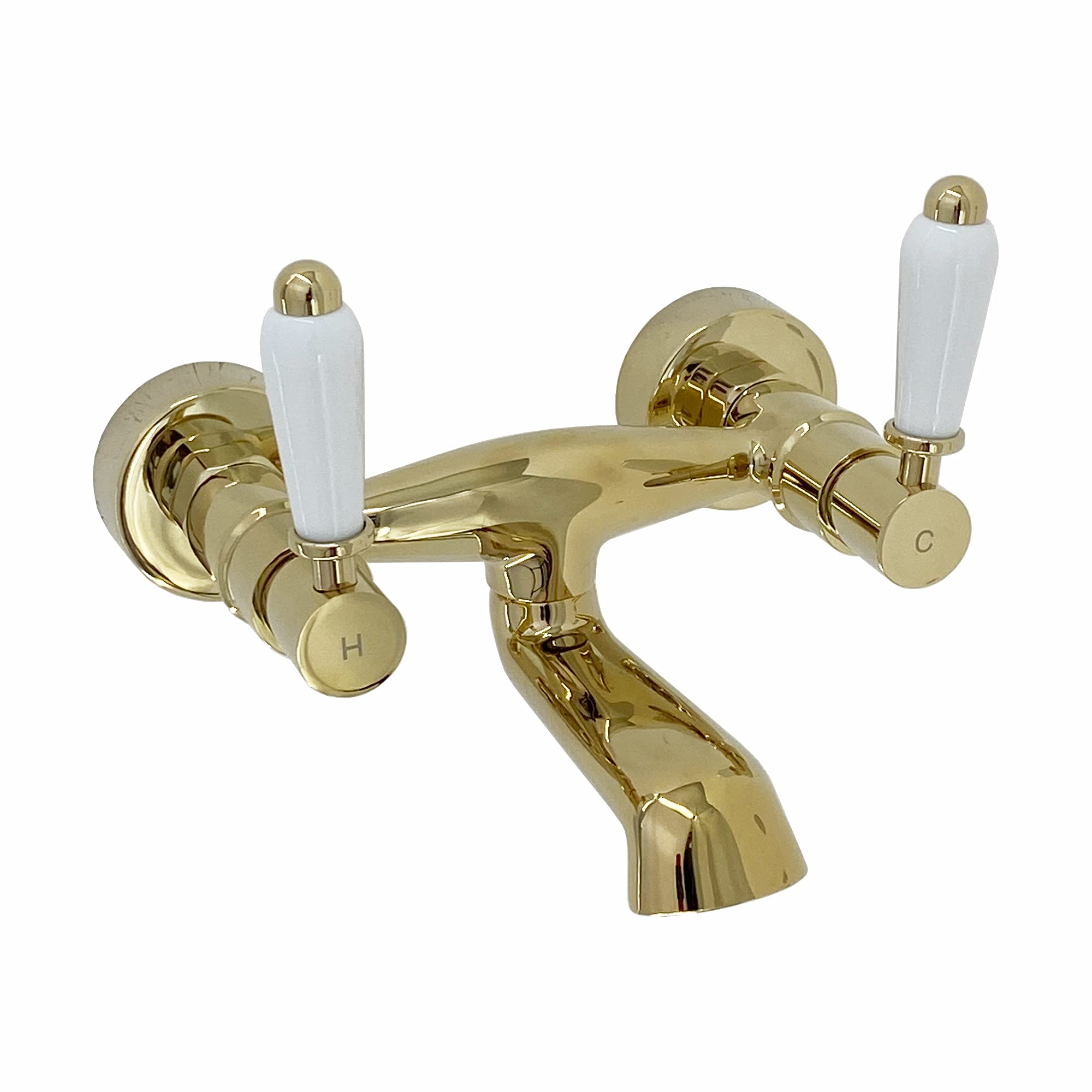 Enki Gold Downton, Bt0620 Wall Mounted Bath Mixer Tap With White Ceramic Levers English