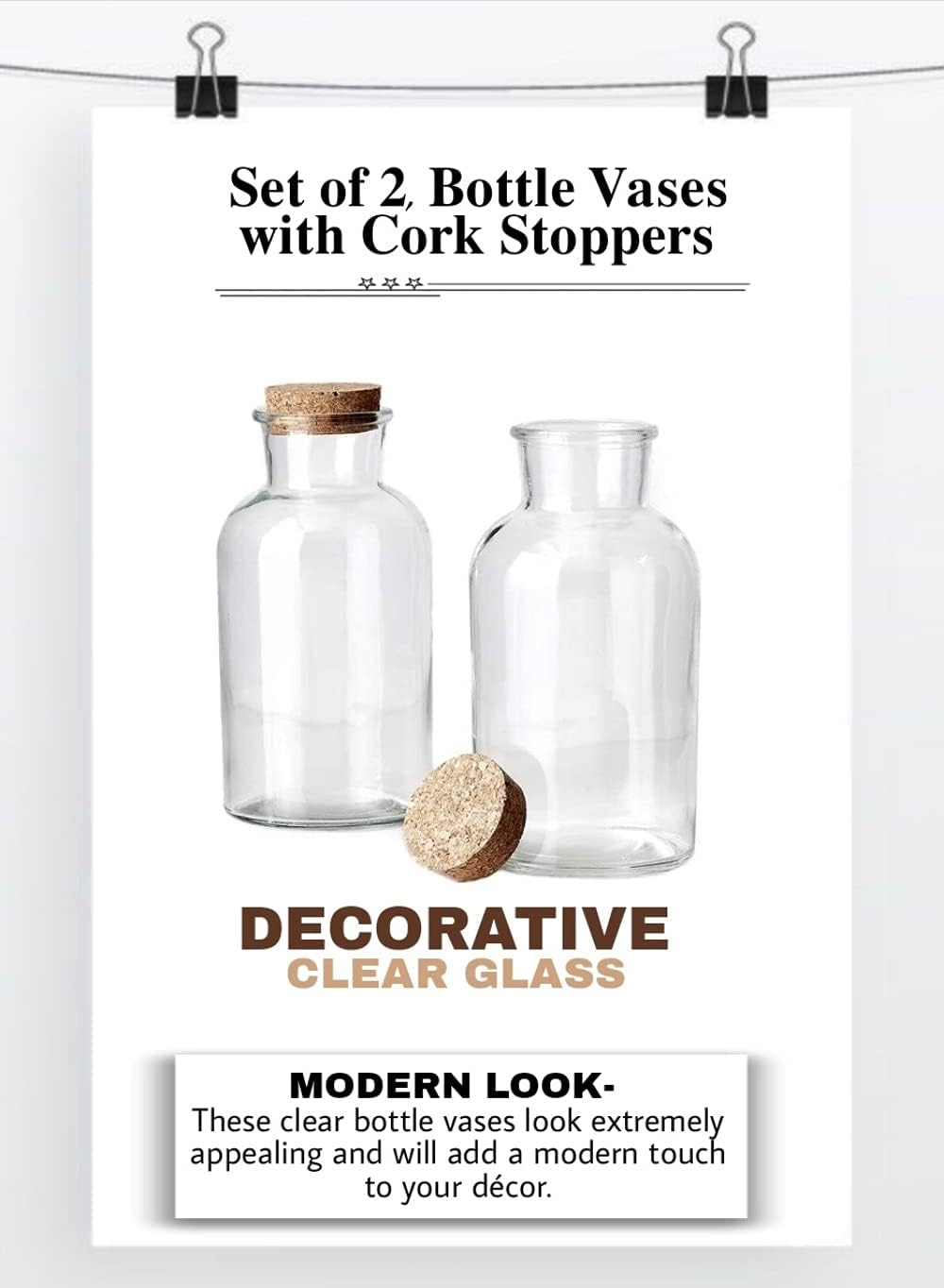 Serene Spaces Living Set of 2 Decorative Clear Glass Bottle Vases with Cork Stoppers, Vintage Wedding Decor, Use for Floral Centerpieces at Wedding, Party, Event, Measures 8" Tall & 4" Diameter