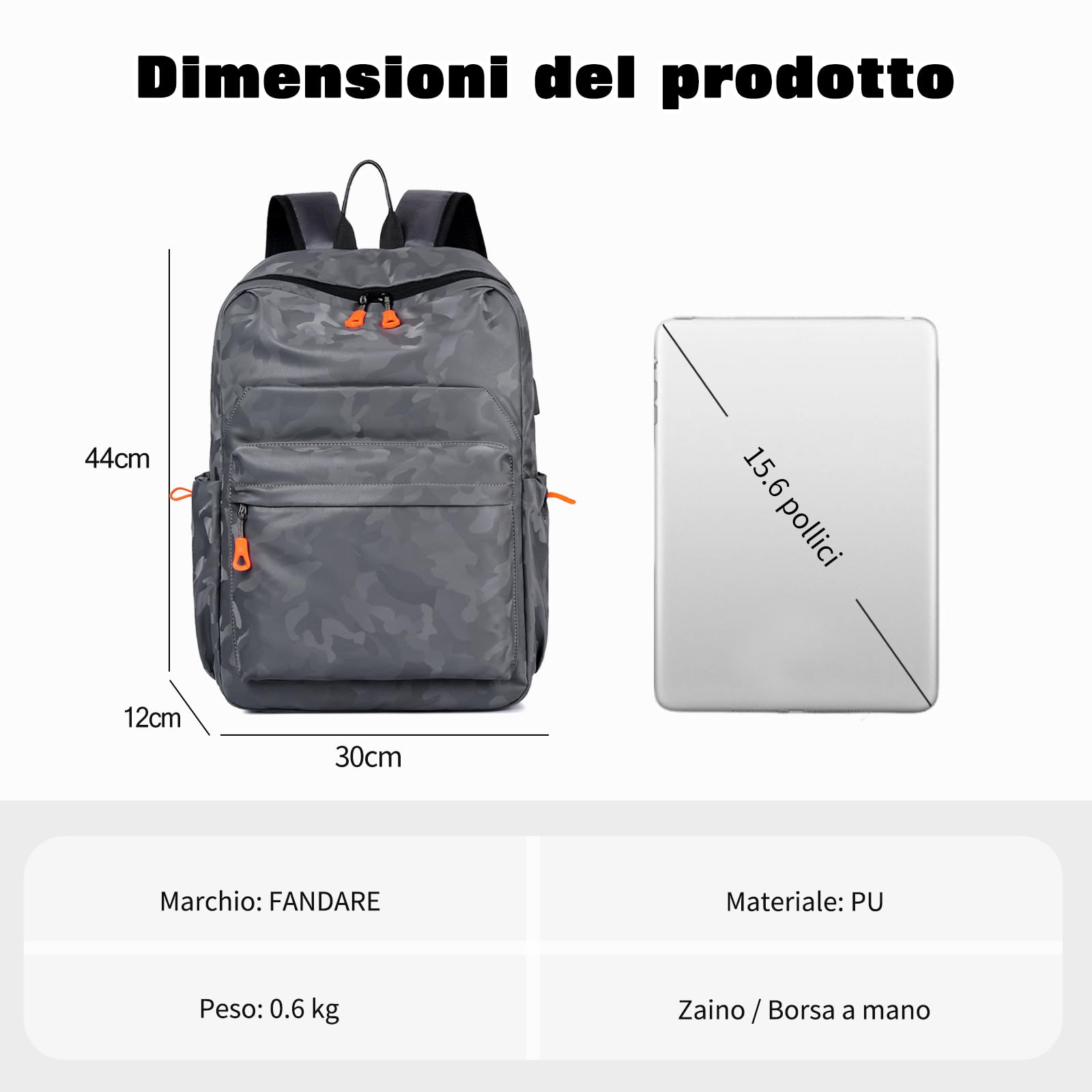 FANDARE Zaino Viaggio Leggero in PU con Fascia Trolley Grigio B
