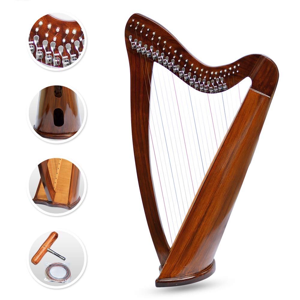 22 Strings Harp Irish Celtic Highland Solid Rosewood Round shape Nylon Lever Tuning Key Extra Set included 34" inches tall Roseback