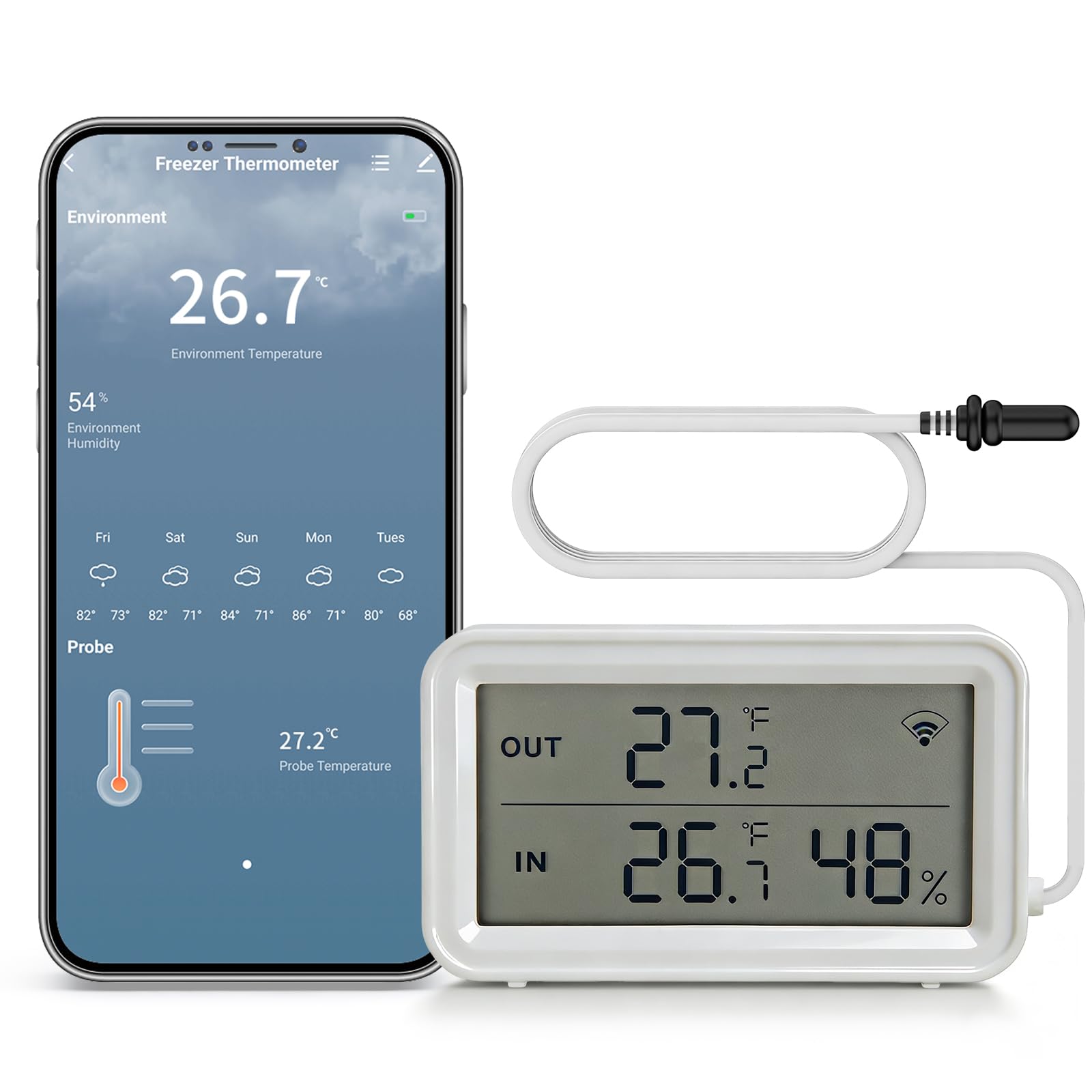 WiFi Thermometer Hygrometer mit Sonde, Smart Temperatur- und Feuchtigkeitssensor mit App Alarm, Digitales Thermometer für Kühlschrank, Aquarium, Terrarium, ohne Hub, Präzise Messung